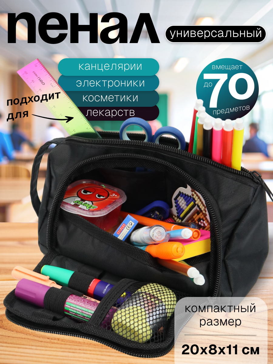 Косметичка / Органайзер дорожный / Пенал универсальный (без наполнения, черная) ND PLAY
