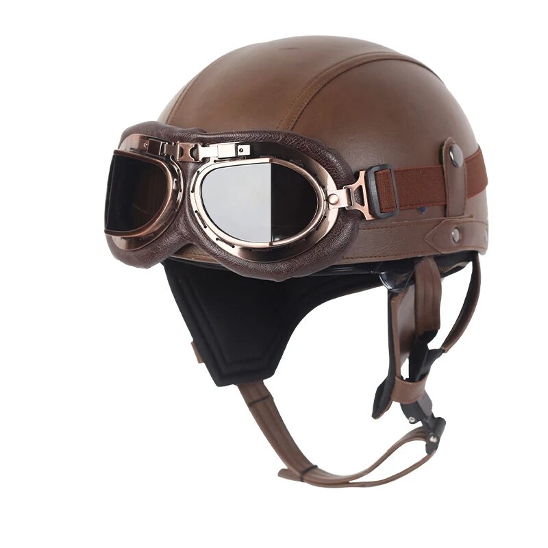Мотоциклетный шлем кожаный винтажный мотошлем с открытым лицом ретро на половину лица чоппер байкер пилот в горошек размер M-XL Коричневый XL B1