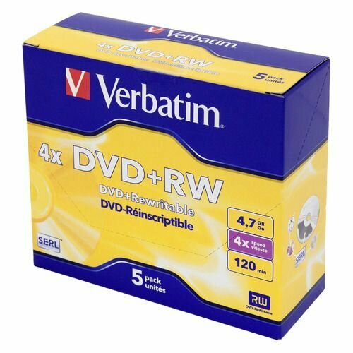 Оптический диск DVD+RW Verbatim 4.7ГБ 4x, 5шт, jewel case [43229]
