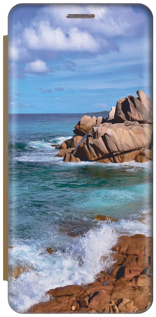 Чехол-книжка на Apple iPhone 6s / 6 / Эпл Айфон 6 / 6с с рисунком "Скалистый берег" золотистый
