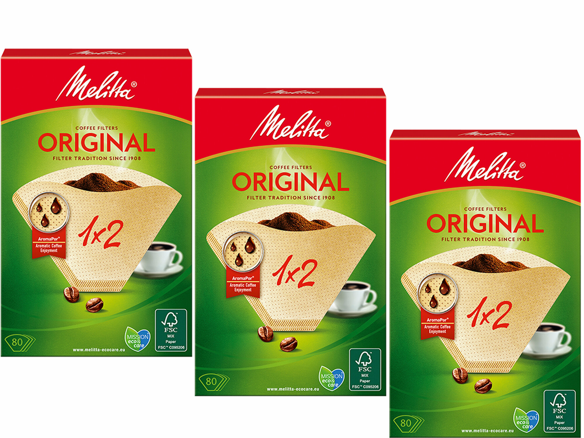 Комплект 3 упаковки. Melitta Original, Brown фильтры для заваривания кофе, 1х2/80