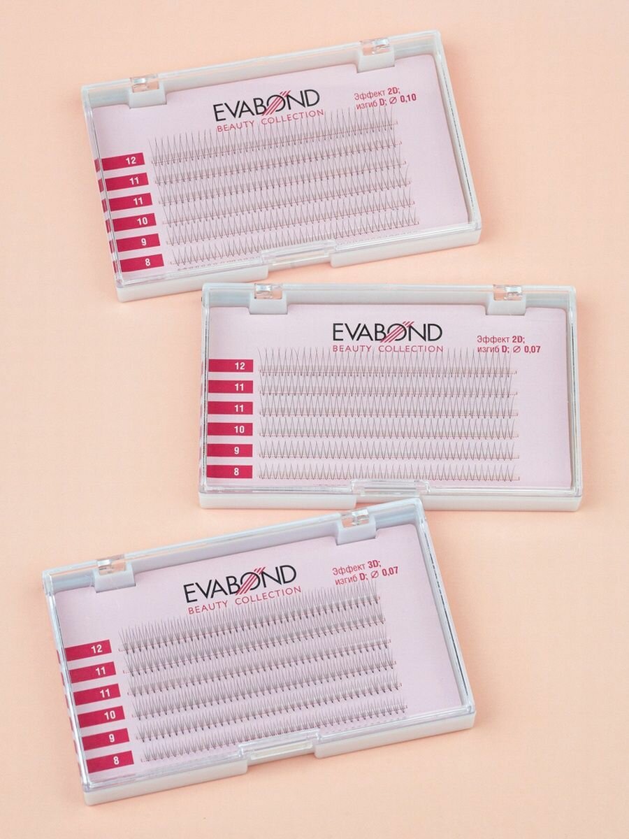 Ресницы для наращивания EvaBond безузелковые пучки 6 линий 8-12 мм, 2D, D-изгиб, 2 волоска, 0.10 мм, черный