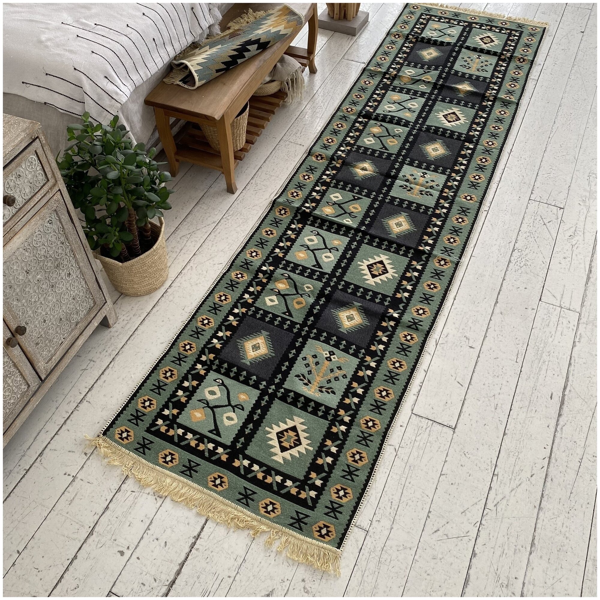 Ковровая дорожка турецкая, килим, Raty Green, 80x300 см, двусторонняя - фотография № 1