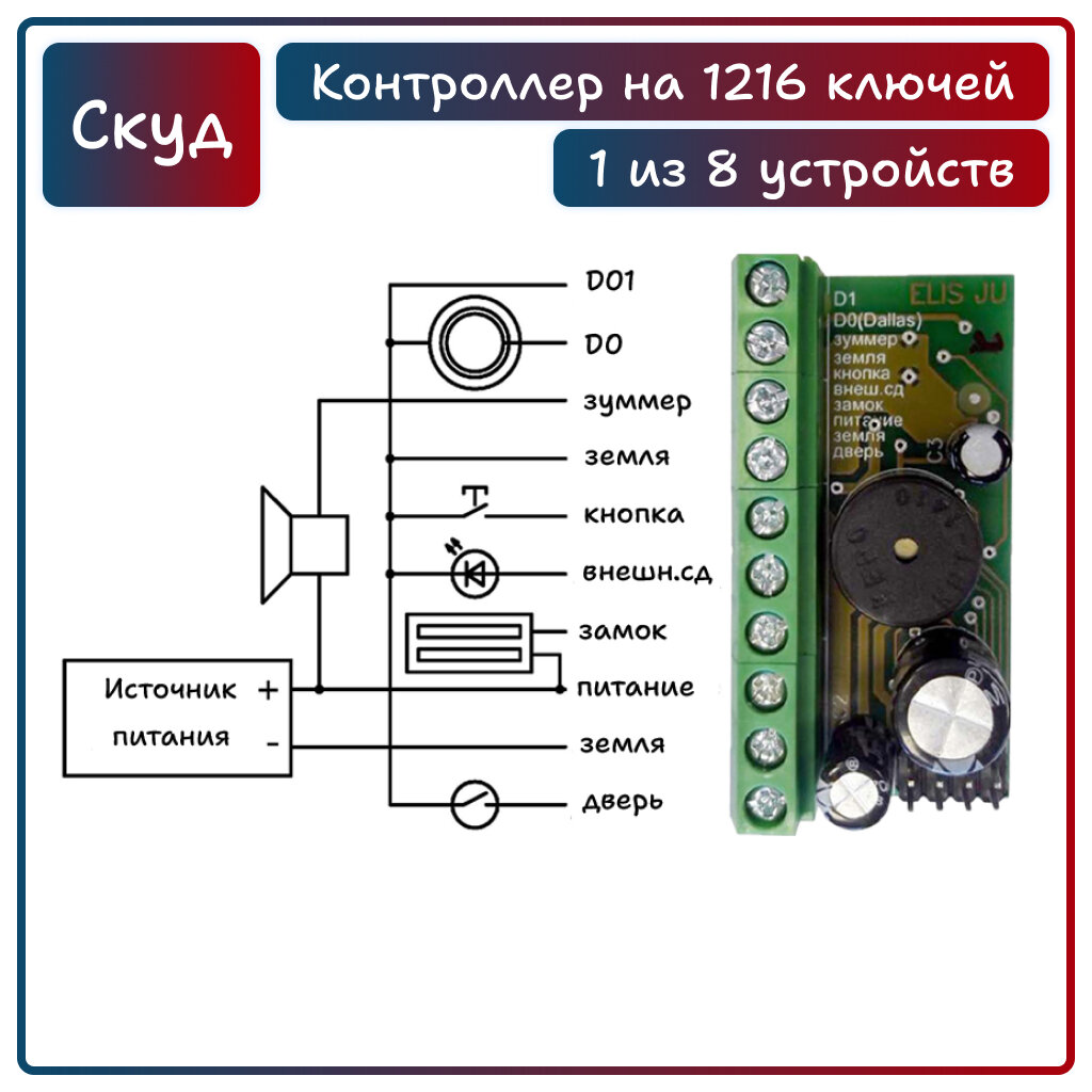 Комплект системы контроля доступа СКУД "LITE" с 5 записанными ключами Touch Memory (+мастер ключ) контроллер считыватель кнопка выхода