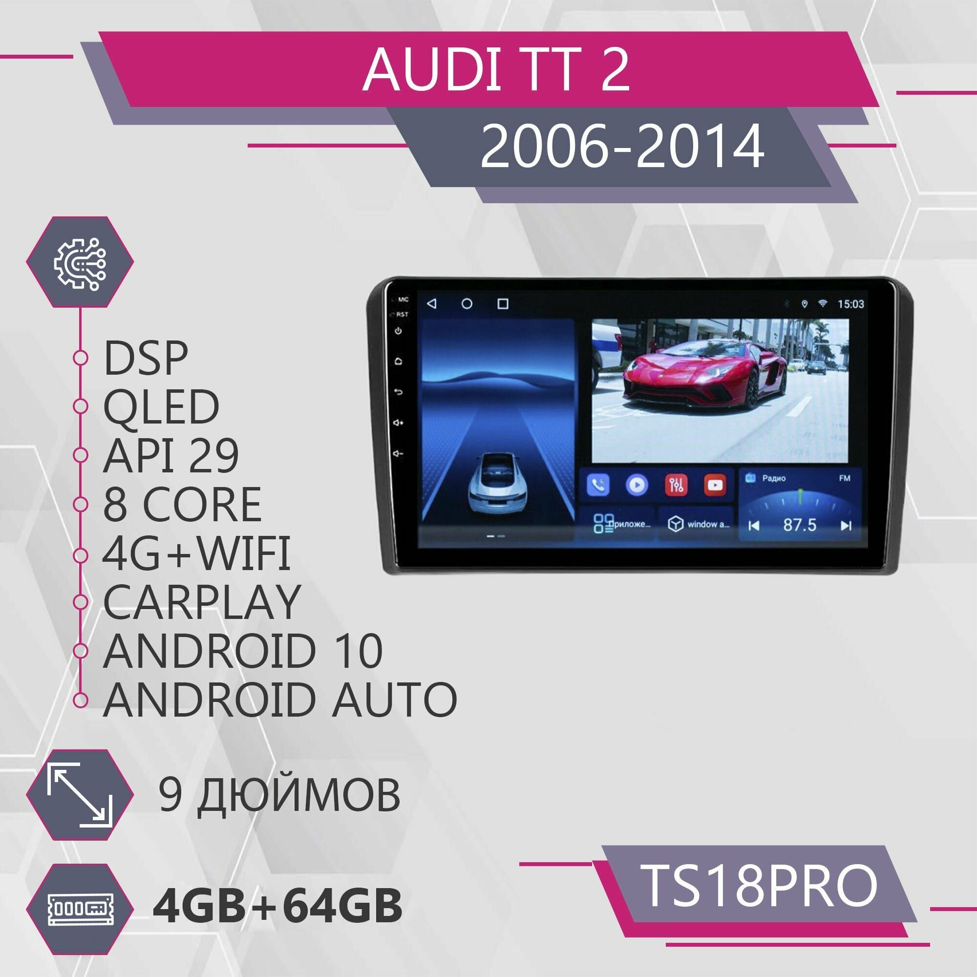 Штатная магнитола TS18Pro/ 4+64GB/для Audi TT 2/ Ауди ТТ 2/ Магнитола Android 10/2din/ Головное устройство/ Мультимедиа/