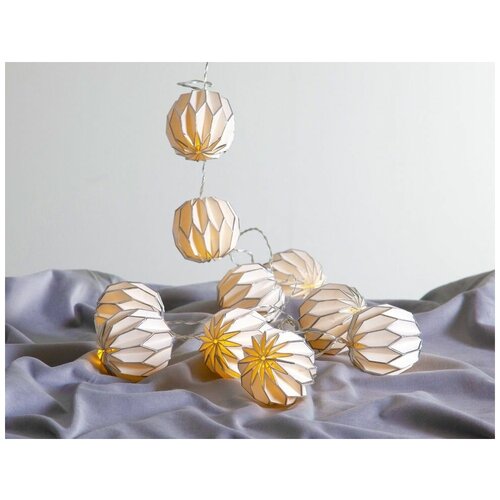 фото Электрогирлянда шарики оригами, белая с серебряным, 10 тёплых белых led-огней, прозрачный провод, таймер, батарейки, 2.25 м, star trading