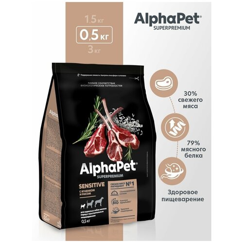 Сухой полнорационный корм AlphaPet Superpremium с ягненком и рисом для взрослых собак мелких пород с чувствительным пищеварением 0,5 кг