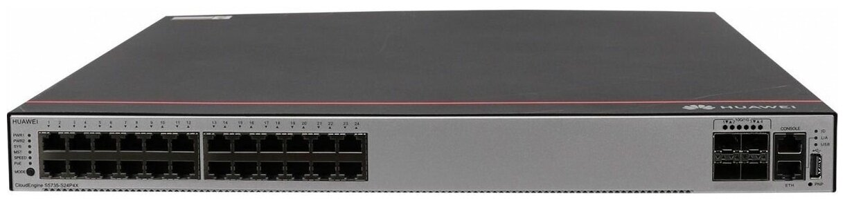 Коммутатор Huawei S5735-S24P4X (24*10/100/1000BASE-T ports, 4*10GE SFP+ ports, PoE+) + Basic Software + 1000W AC Power module