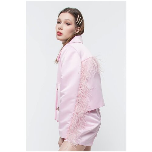 Пиджак укороченный розовый из атласа ANNAIVANOVA с декором из перьев