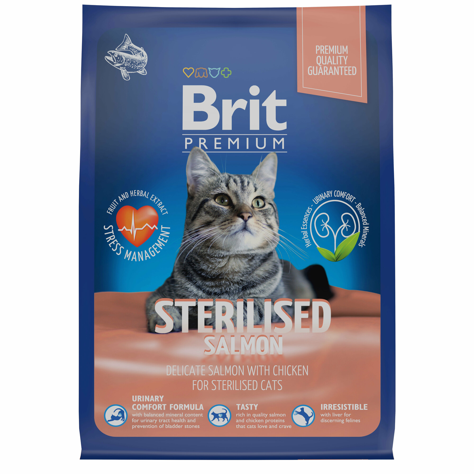 Brit Premium Cat Sterilised для стерилизованных кошек и кастрированных котов Лосось, 400 г.