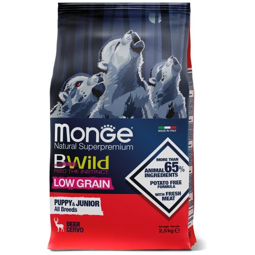 Сухой корм Monge Dog All Breeds Bwild Low Grain Puppy&Junior Wild Deer (Оленина) - 2,5 кг dog club junior полнорационный сухой корм для щенков с 4 месяцев с курицей 12 кг