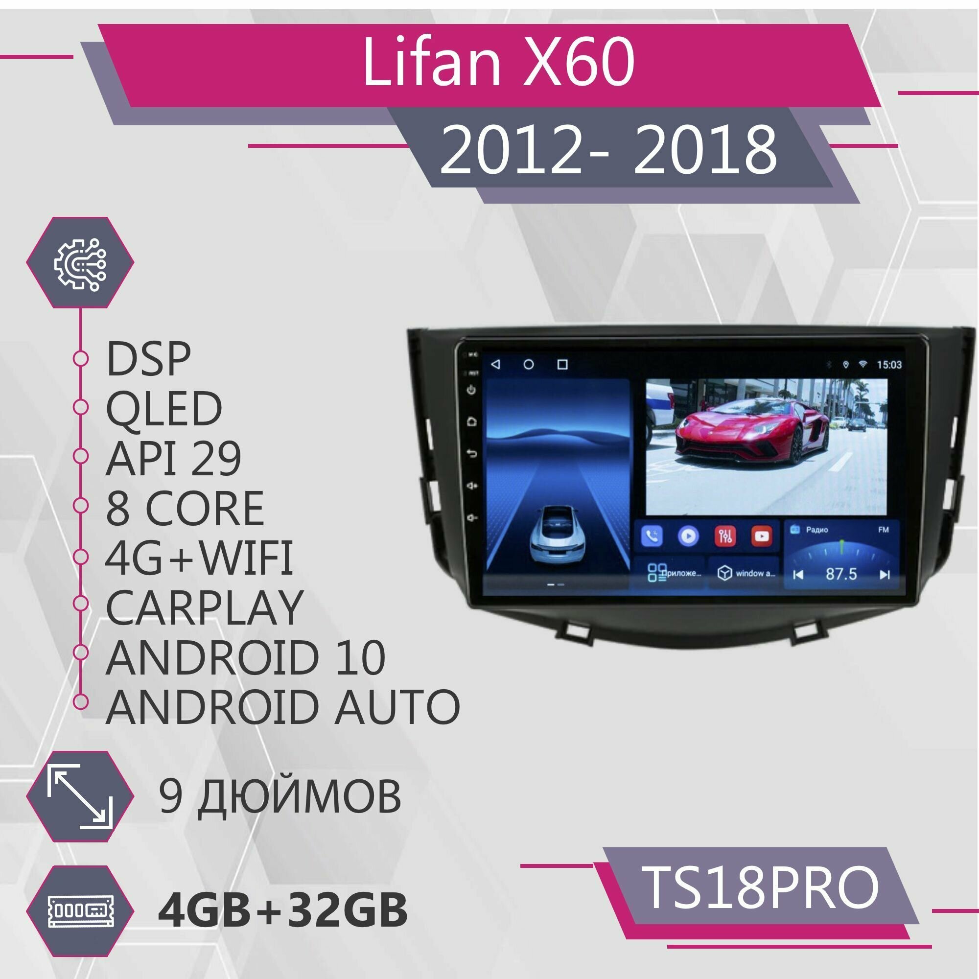 Штатная магнитола TS18Pro/4+32GB/Lifan X60/Лифан Х60/ Лифан Икс60/ магнитола Android 10/2din/ головное устройство/ мультимедиа/
