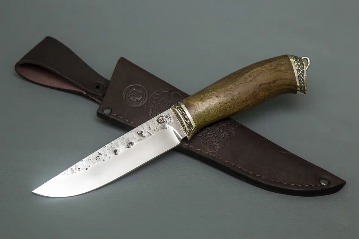 Нож из кованой стали 9ХС «Ястреб», рукоять из ценных пород древесины и мельхиора - Кузница Сёмина