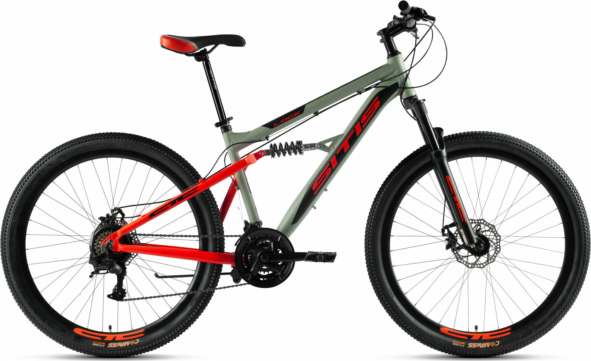 Велосипед горный SITIS LOCK 27.5" (2023), full-suspension, взрослый, мужской, алюминиевая рама, 21 скорость, дисковые механические тормоза, цвет Grey-Red-Black, серый/красный/черный цвет, размер рамы 19", для роста 180-190 см