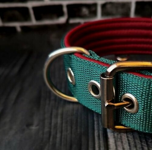 Изображение товара Ошейник для собак средних и крупных пород. Ширина 4.5 см. Сварная фурнитура. Обхват 53-65 см. Цвет оранжевый с бордовым