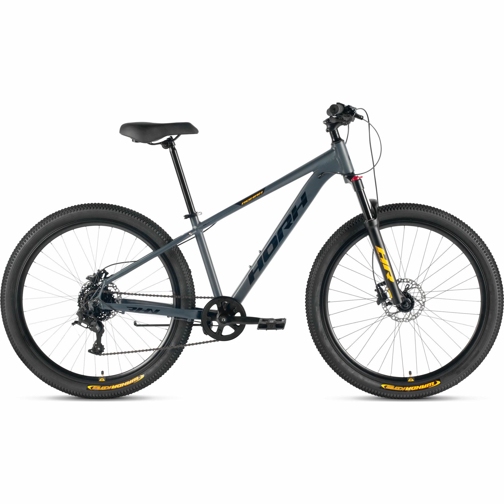 Велосипед горный HORH ROHAN RHD 7.1 27.5" (2024), хардтейл, взрослый, мужской, алюминиевая рама, 8 скоростей, дисковые гидравлические тормоза, цвет Dark Grey-Black-Yellow, темно-серый/черный/жёлтый цвет, размер рамы 17", для роста 170-180 см