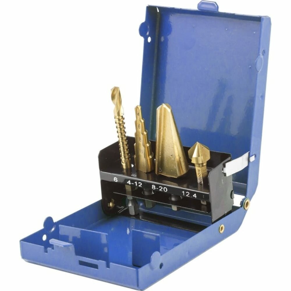 фото Набор сверл комбинированных HSS 424, 4 прсверло ступеньчатое:4-12мм, конусное:8-20мм, проходное-6мм, зенкер-12.4мм), в метал. футляре Forsage F-44705