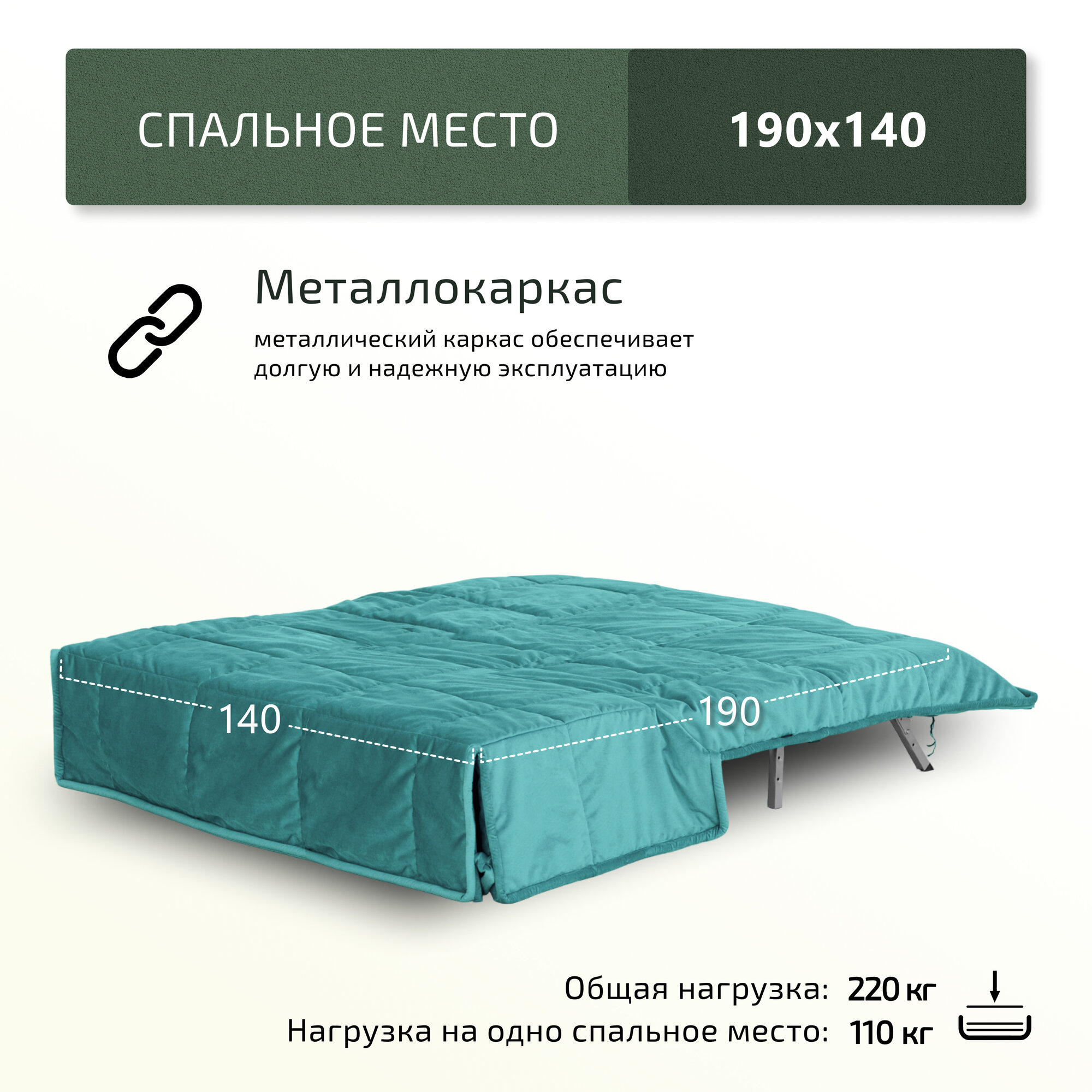 Диван-кровать прямой City HD Женева 140x190 см, аккордеон, бирюзовый — фото 1