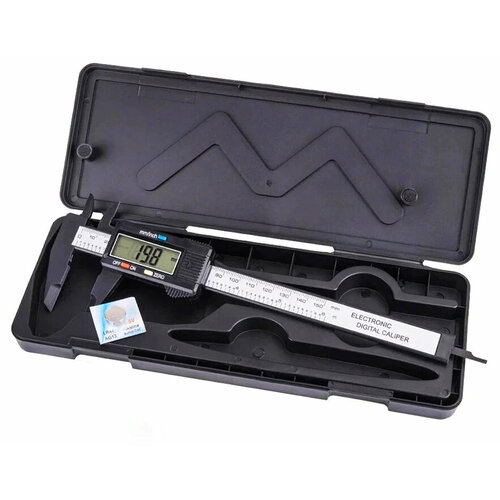 Штангенциркуль цифровой в кейсе с жк дисплеем из углеводородного волокна 0-150 мм шаг 01 мм глубиномер батарейка LR44 660₽