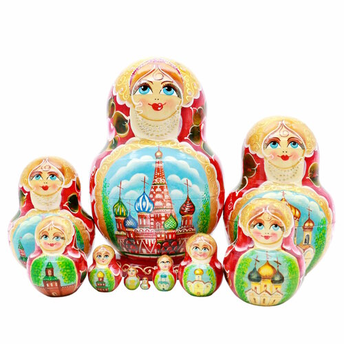 Матрешка Виды Москвы, фигурная, красная, 10 мест, 15см (28024)