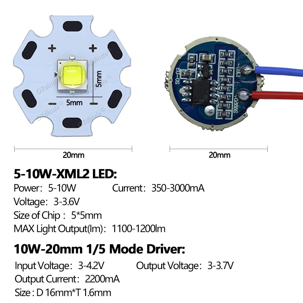 OTdiode Трансформатор освещения LED 3-36Вт Холодный белый 20mm XML2-22mm Dr With 1 Mode Cold White LED