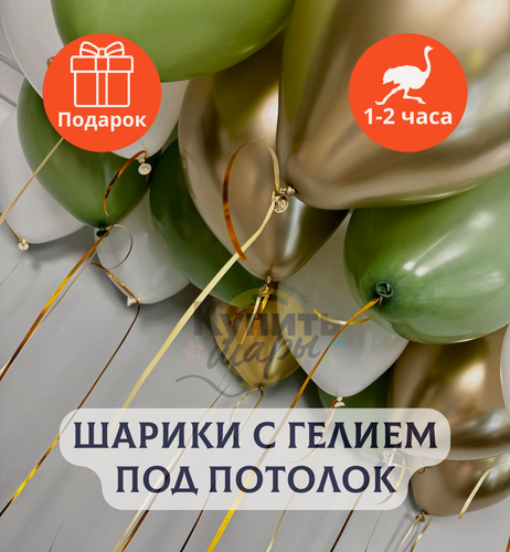 Изображение товара Воздушные шары с гелием под потолок "Эвкалипт с золотом и белым" 3 шт.