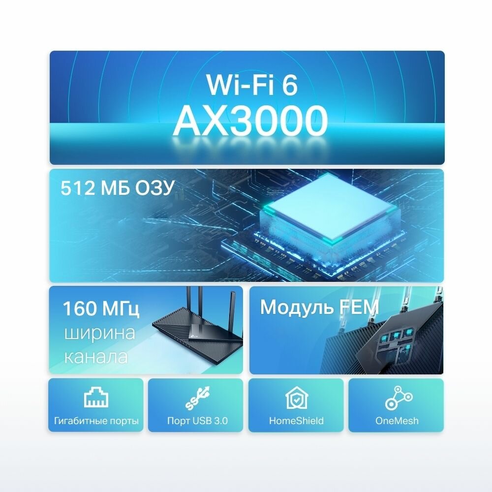Wi-Fi Роутер TP-Link Archer AX55 гигабитный, AX3000, 5xRJ45 1Гбит/с, 1xUSB, двухдиапазонный, с поддержкой Mesh — фото 1