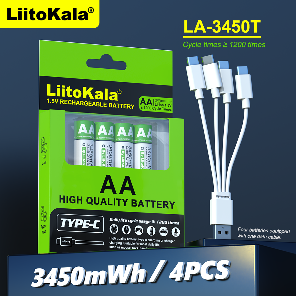 LiitoKala Аккумуляторные батарейки AA 1.5 V 3450 mWh 4 шт с зарядкой от USB кабеля.