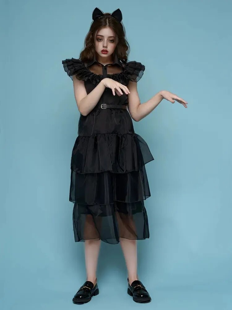 Платье на Хэллоуин Венсдей для маленьких модниц с маской и ушками полиэстер 130-140