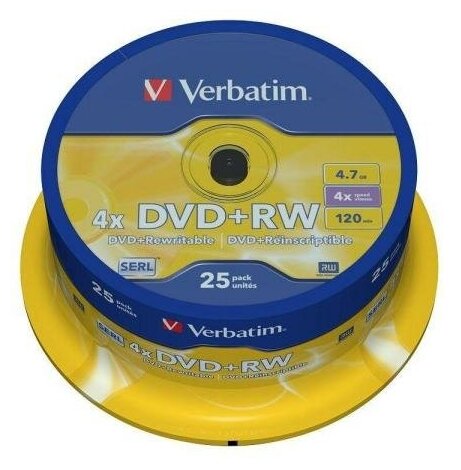 Диски DVD+RW 4.7Gb Verbatim 4x 25 шт Cake Box <43489>