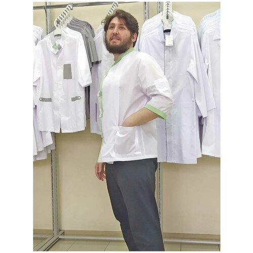 Куртка мужская поварская, производитель Фабрика швейных изделий №3, модель М-81, размер 50, цвет белый с салатовой отделкой