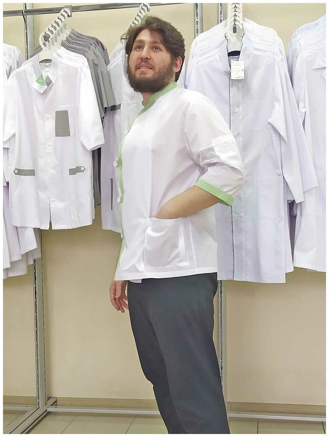 Куртка мужская поварская, производитель Фабрика швейных изделий №3, модель М-81, размер 52, цвет белый с салатовой отделкой