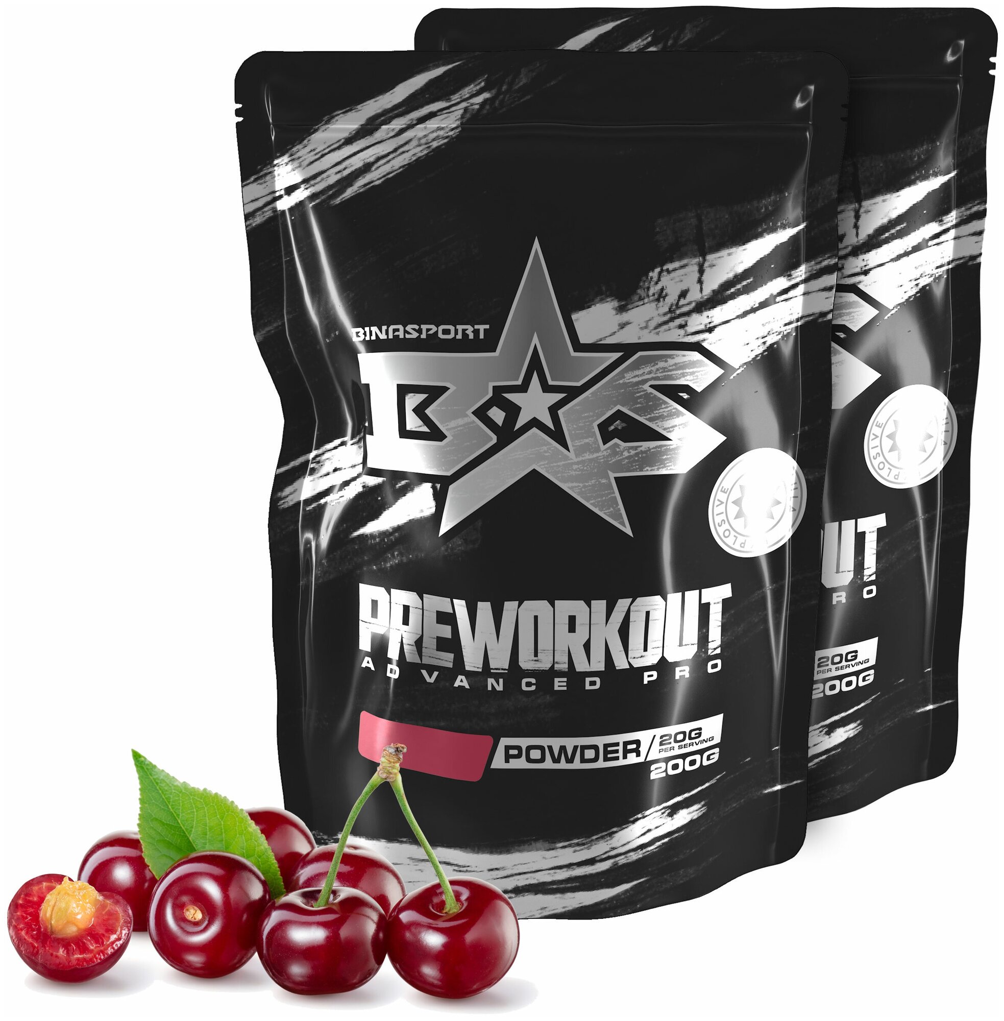 (2 УП х 200ГР) Предтренировочный комплекс Binasport "Preworkout Advanced Pro" (c кофеином) порошок 200 г со вкусом вишни