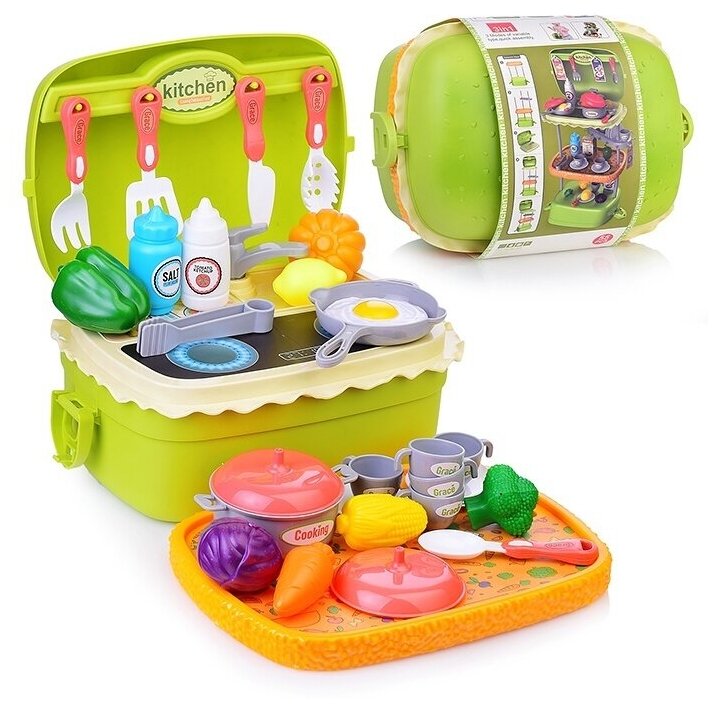 Детская кухня Oubaoloon с посудой, продуктами и аксессуарами, в чемодане (25745)