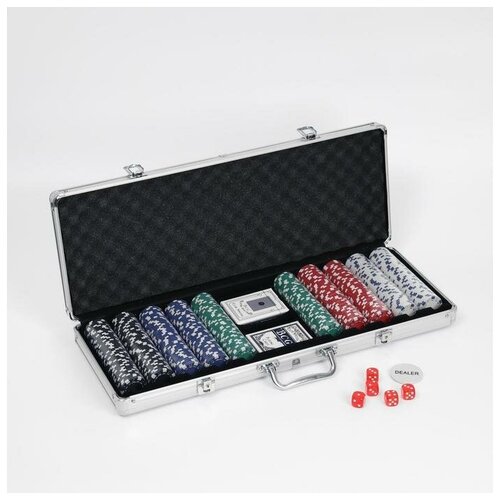 Покер в металлическом кейсе (2 колоды, фишки 500 шт б/номомин,5 кубиков), 20.5 х 56 см