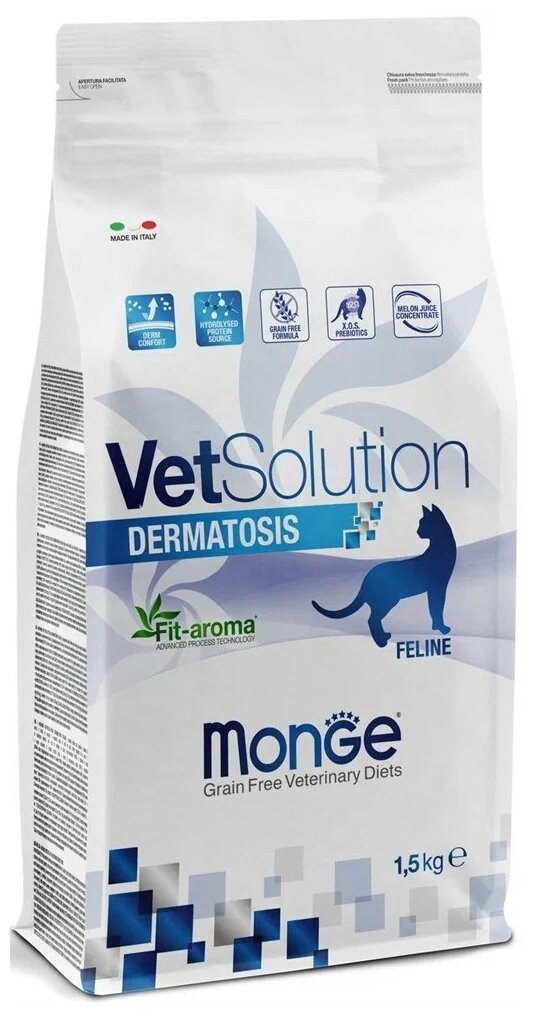 Сухой корм для кошек Monge VetSolution Dermatosis, при проблемах с кожей, беззерновой 1.5 кг