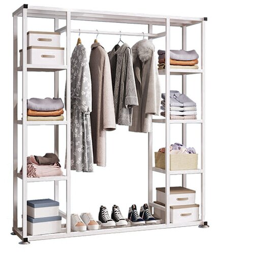 Вешалка напольная для одежды и обуви, стальная с полками и одной перекладиной, 156х150х30 см, белый
