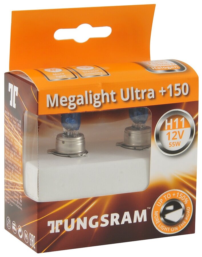 Лампы галогенные TUNGSRAM MEGALIGHT ULTRA+150 12V H11 55W 2 шт 53110NXNU B2