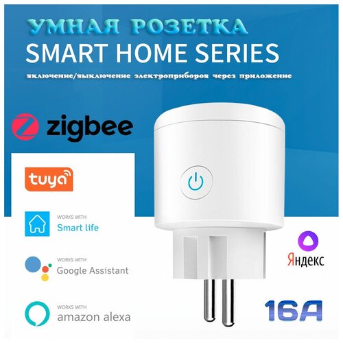 Умная розетка ZigBee V3.0 (1 гнездо,16А) Яндекс Алиса, Smart Life, Tuya Smart, Amazon Alexa, Google Assistant.