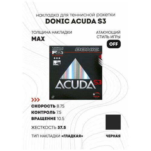 фото Накладка donic acuda s3 (гладкая) цвет черный, толщина max