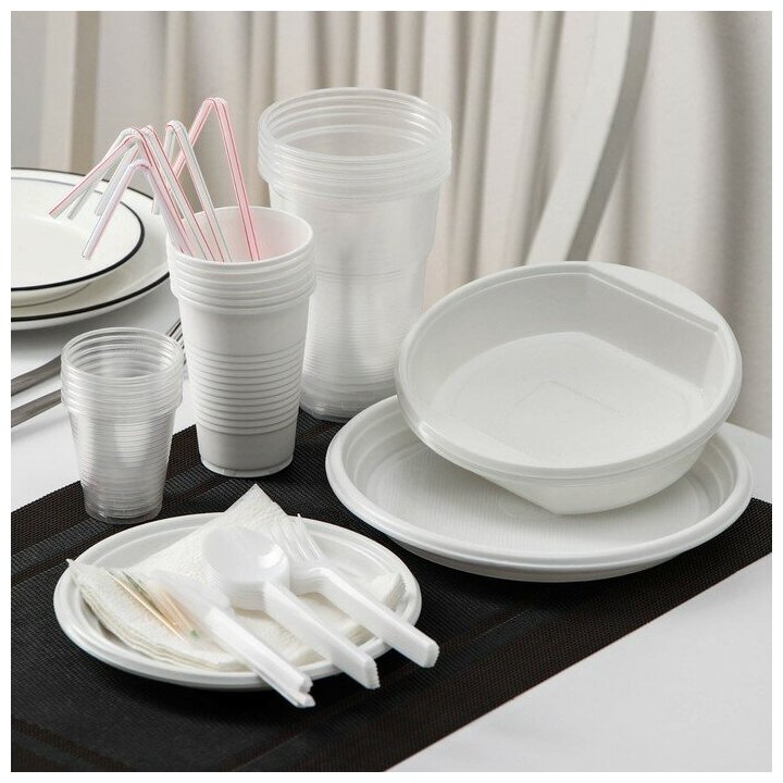 Набор одноразовой посуды на 6 персон «Биг-Пак №1», тарелки глубокие, тарелки плоские, стаканчики: 200 мл, 300 мл, 500 мл, вилки, ножи, ложки, трубочки, бумажные салфетки, зубочистки, цвет белый