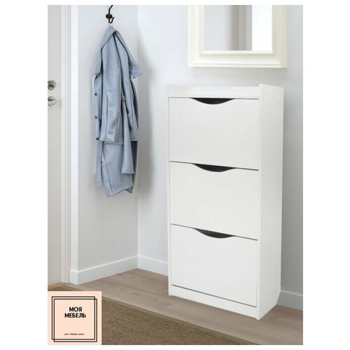 Обувница для хранения обуви Моя Мебель, Белая деревянная этажерка тумба для обуви в прихожую закрытая 60х25,5х125 см.