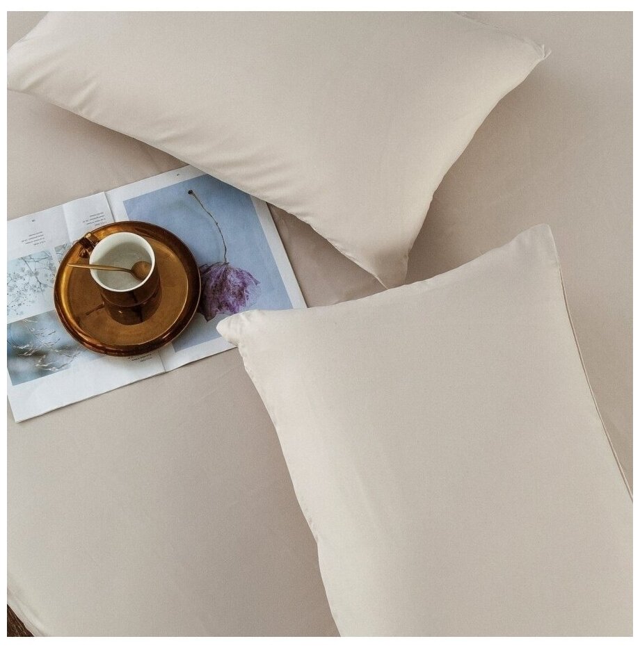 Комплект постельного белья ситрейд 2 спальный однотонный кремовый с простыней на резинке, Сатин, наволочки 70x70 2 шт. - фотография № 14