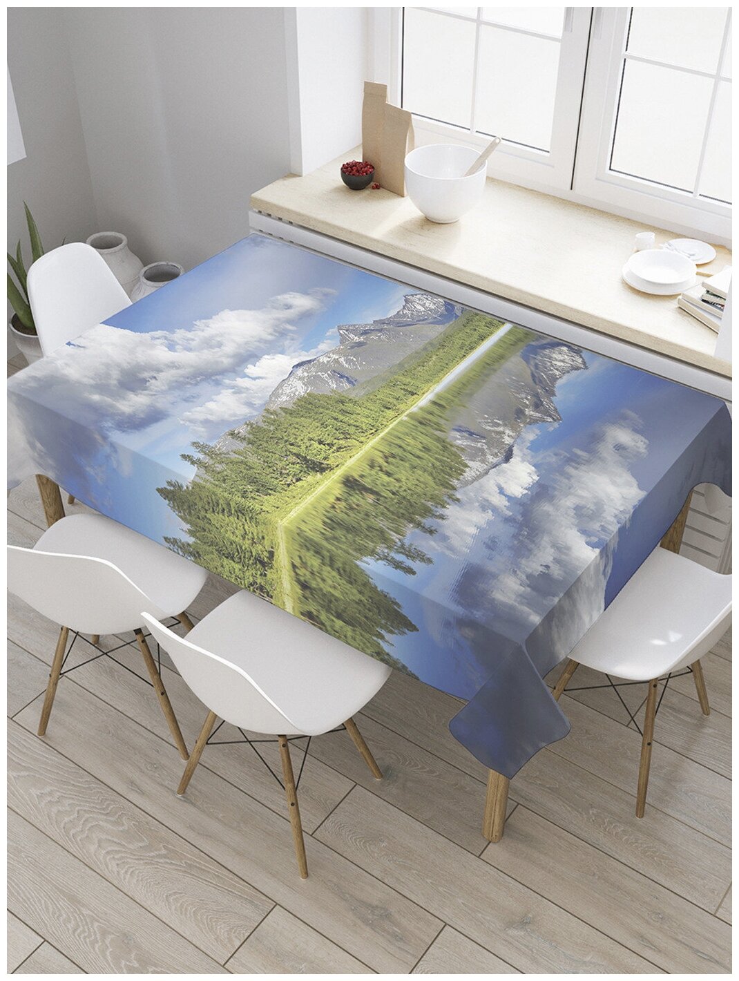 Скатерть прямоугольная JoyArty "Горное отражение у леса" из сатена, 180x145 см