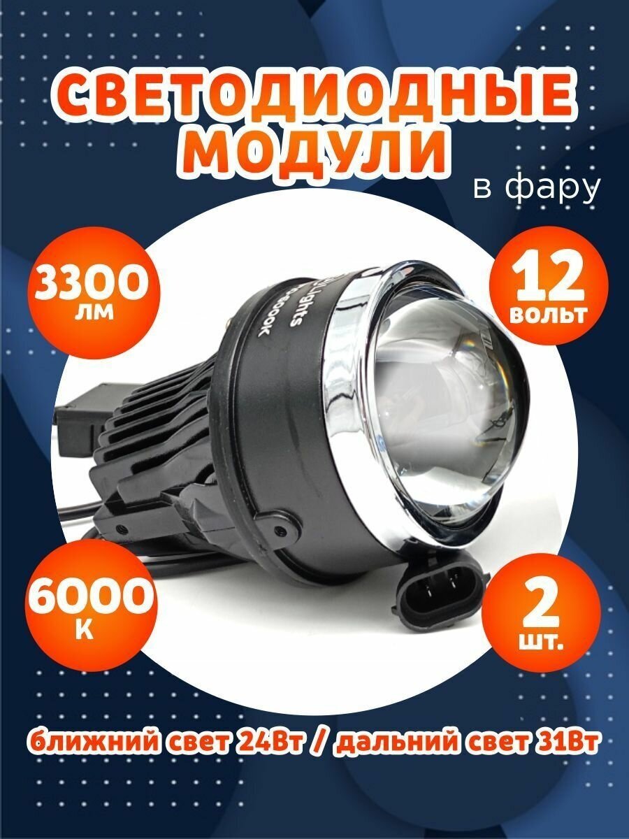 Светодиодные Bi-Led линзы 3.0 дюйма, ближний и дальний свет 24-31W, 2 шт в комплекте