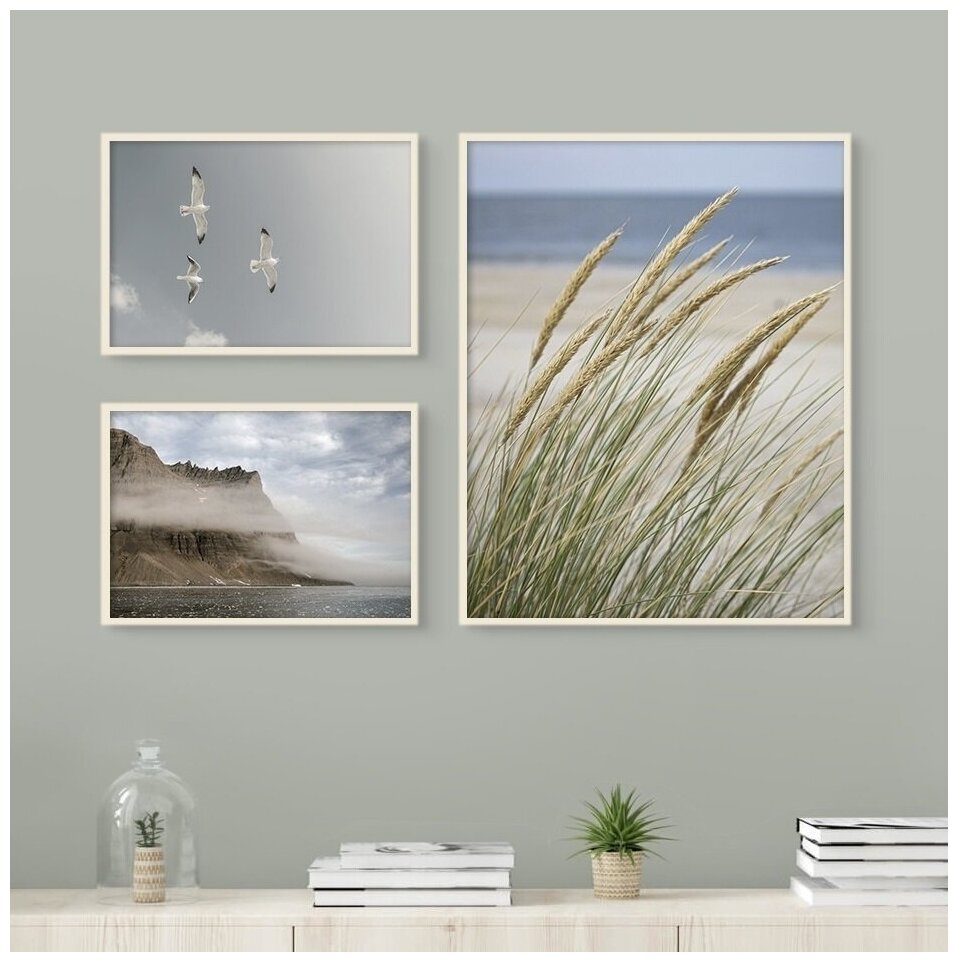 3 постера без рамки "Трава на берегу океана и чайки" в тубусе / Набор постеров картин для интерьера / Картина для интерьера