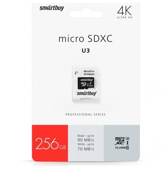 Карта памяти Smartbuy micro SDXC 256Gb Pro UHS-I U3 + ADP (90/70 Mb/s)
