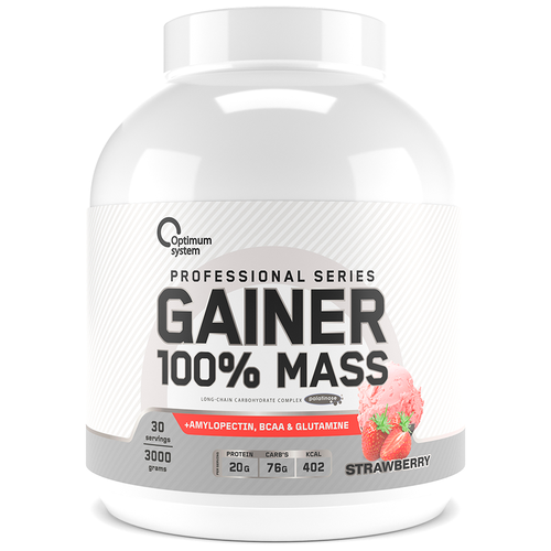 Гейнер Optimum system Gainer 100% Mass, 3000 г, клубника гейнер qnt 3000 muscle mass 1300 г клубника