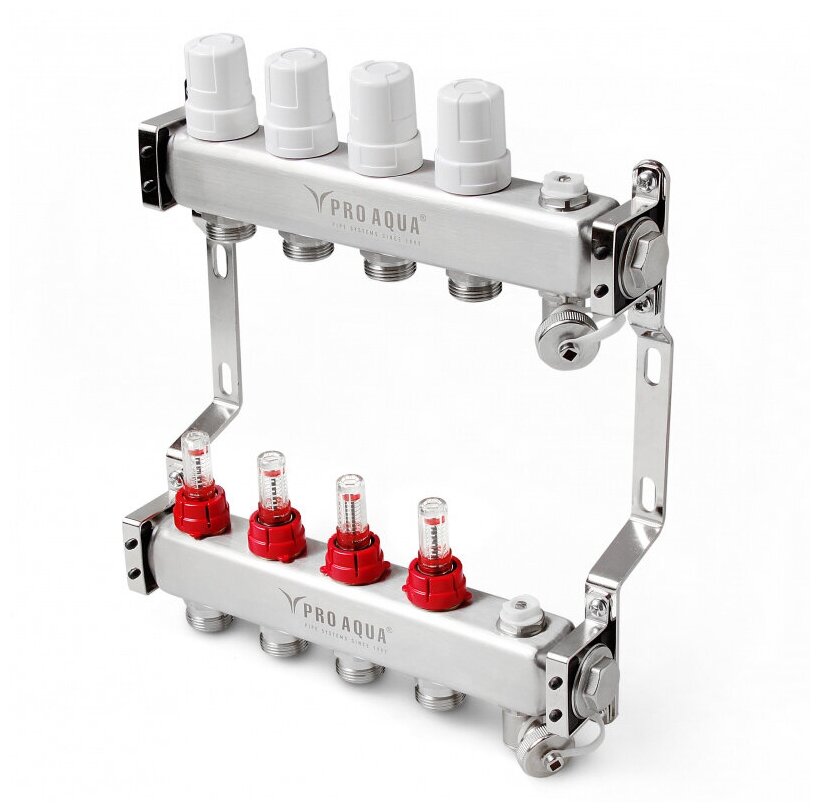 Коллекторная группа с расходомерами 6 выходов, 1" x 3/4 евроконус, для тёплого пола PRO AQUA V500MB.06 - фотография № 1