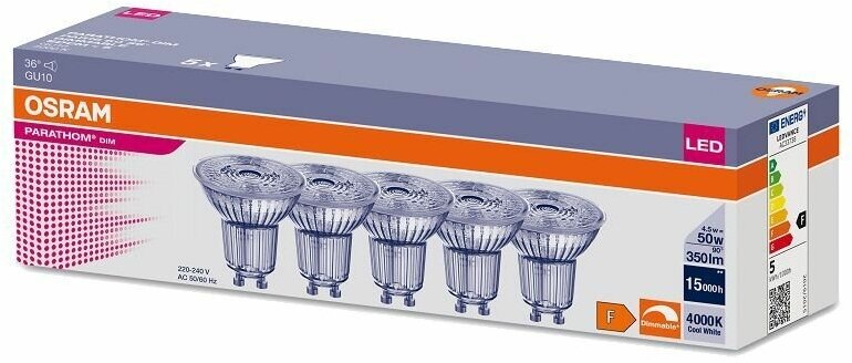 Лампа светодиодная OSRAM Софит 4.5Вт 220В GU10 PAR16 350Лм 4000К дневной белый Диммируемая Экопак 5шт/уп упаковка 1шт